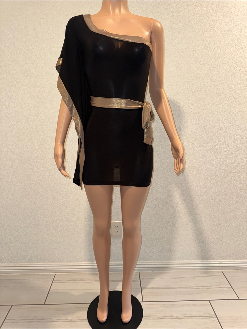 One-Shoulder Black Dress with Gold Trim